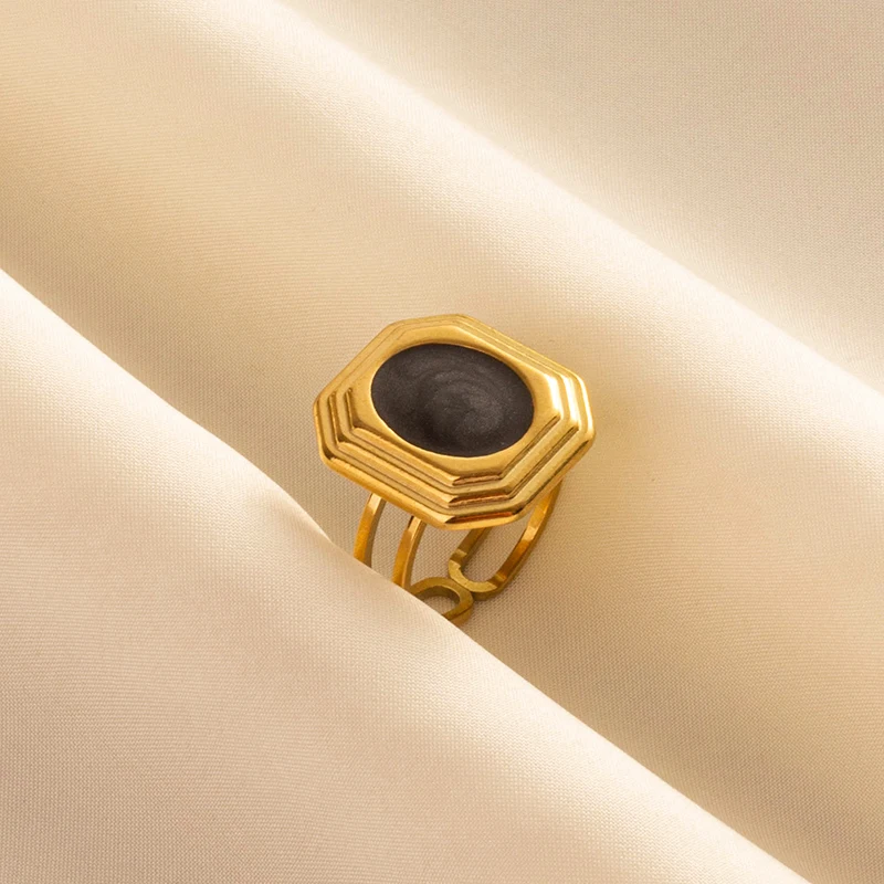 Various Retro Black Enamel Golden Ring Openable Adjustable Stainless Steel Finger Ring Chic Women Jewelry Girls Birthday Gifts