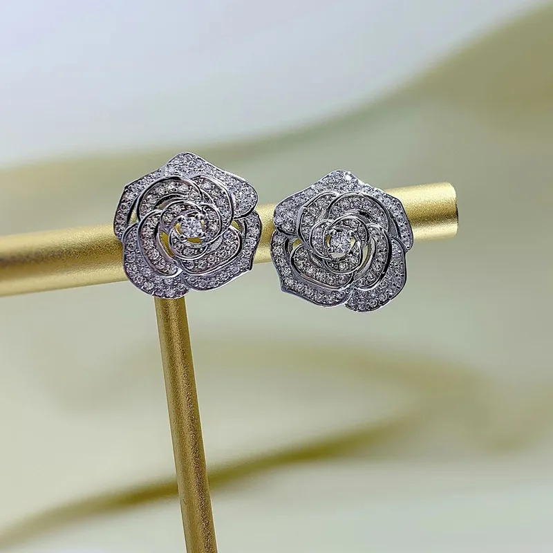 S925 Sterling Silver Light Luxury Small Fragrant Wind Mountain Camellia Earrings Exquisite Temperament Rose Earrings