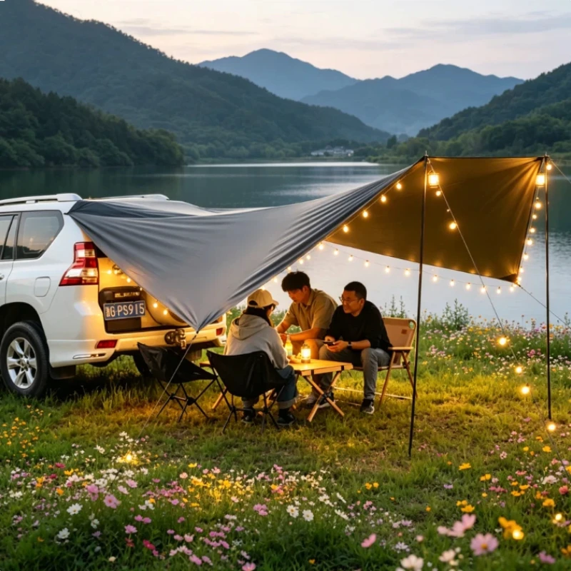 

SUV Car Mounted Outdoor Sunshade, Car Side Canopy Coated with Silver and Black Adhesive, Outdoor Camping Vehicle Rear Canopy