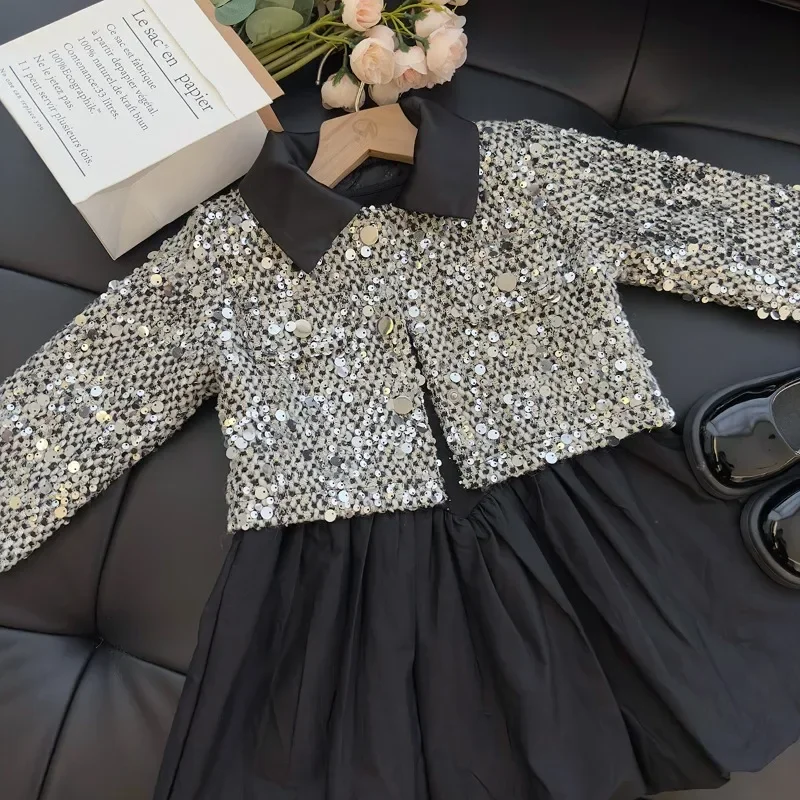 2023 New Autumn Winter Girls Two Piece Sets Cotton Coat Dress Turn-down Collar Sequin Fashion Soft Outwear