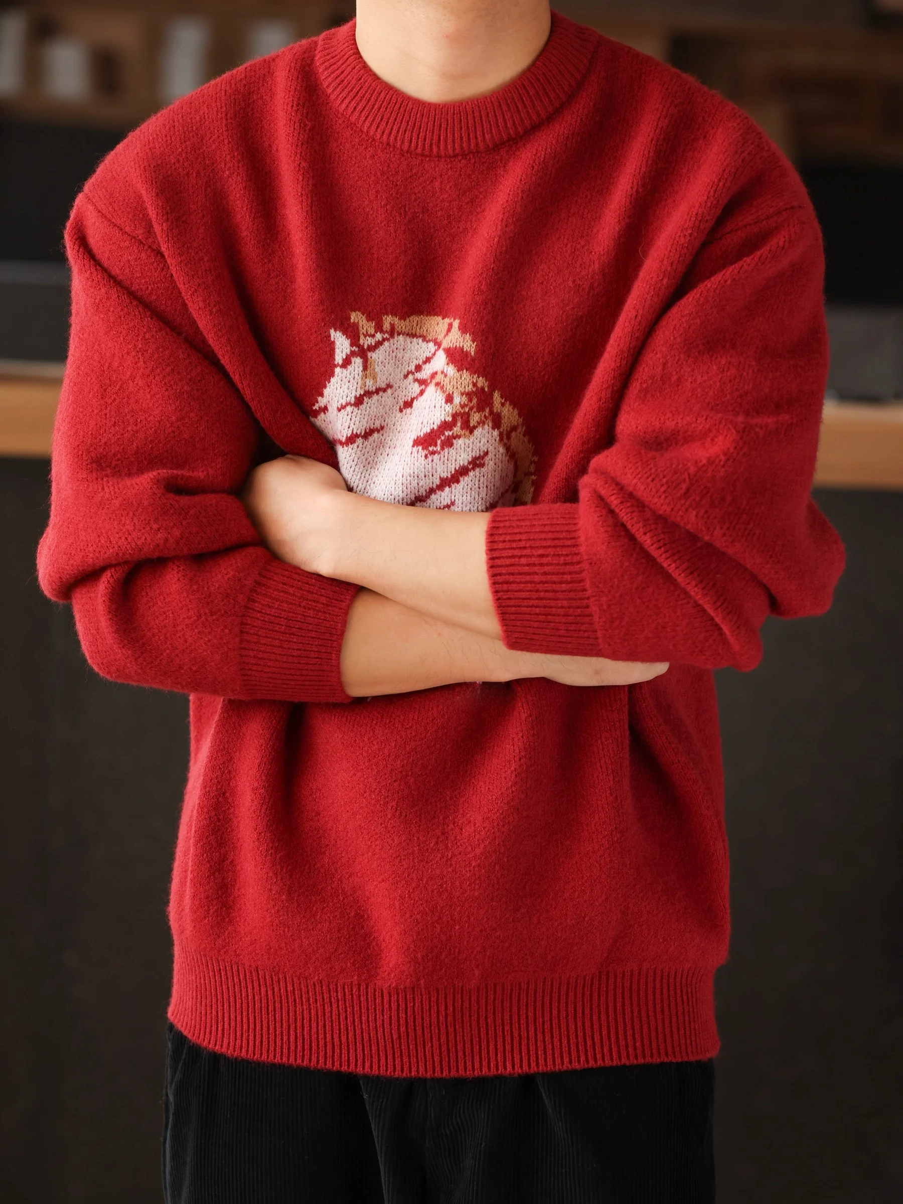 

Мужской вязаный свитер Thiened Cisas Red 2026 в американском ретро-стиле, теплый зимний, с круглым вырезом, модель M, с цветочным узором