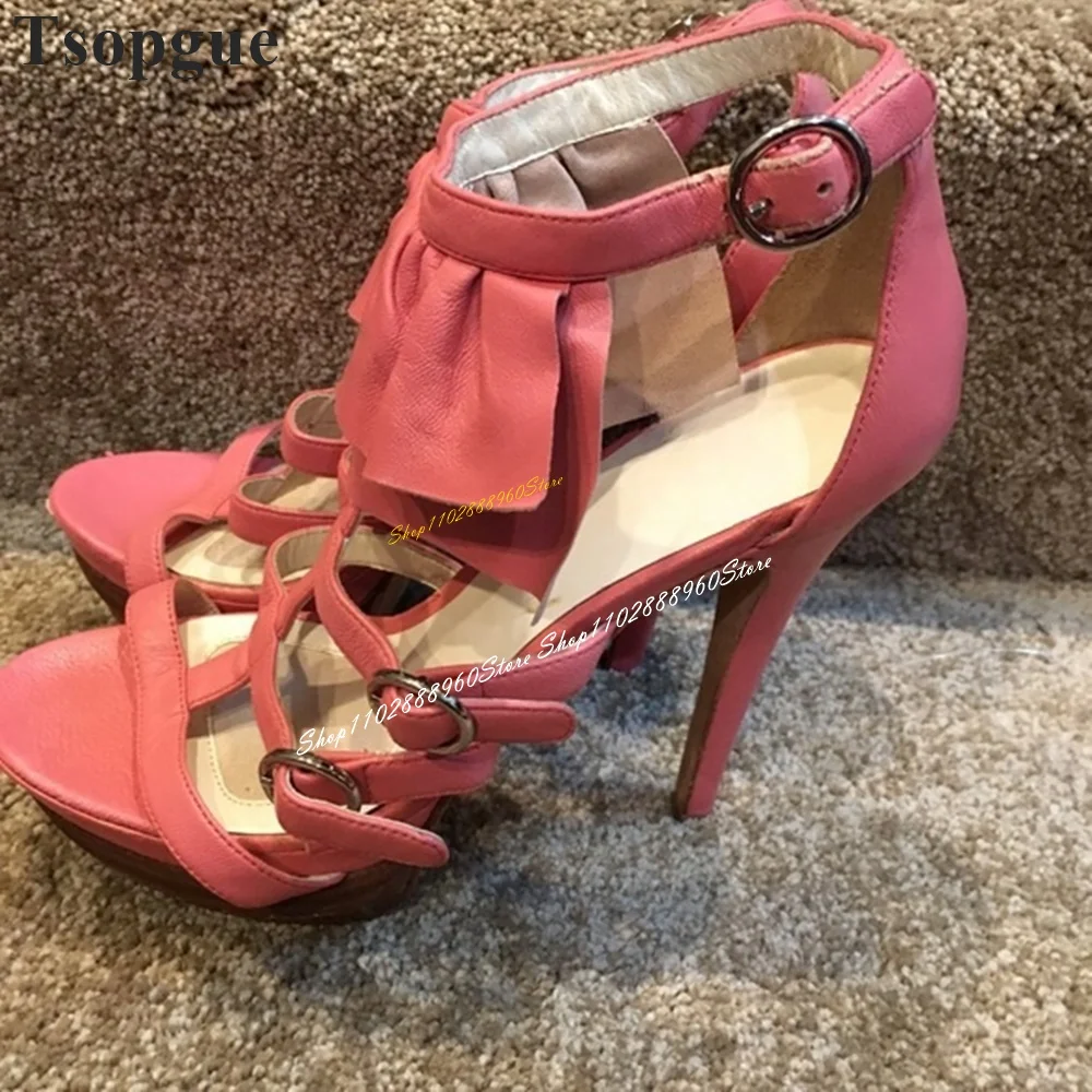 

Pink T Strap Ruffles Decor Leather Sandals Thin High Heel Shoes For Women Ankle Buckle Strap Open Toe 2024 Zapatos Para Mujere