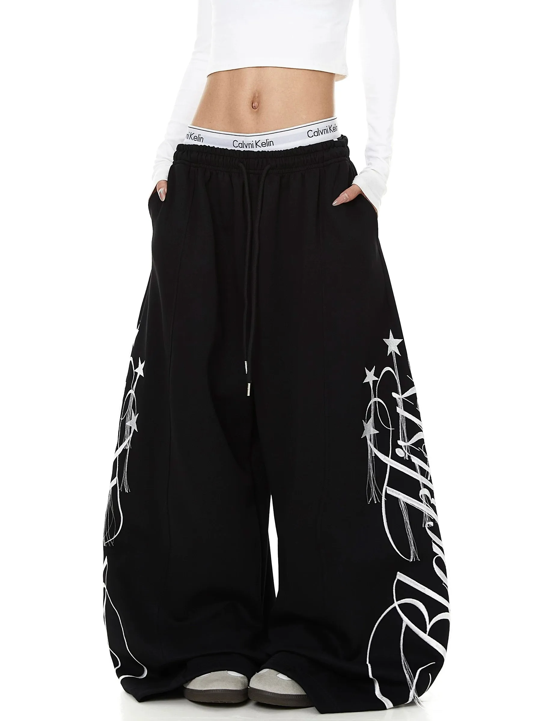 American Style Embroidered Letter Fringed Casual Pants Women's Loose Drapey Street Dance Wide Leg Pants Casual Harajuku Trousers