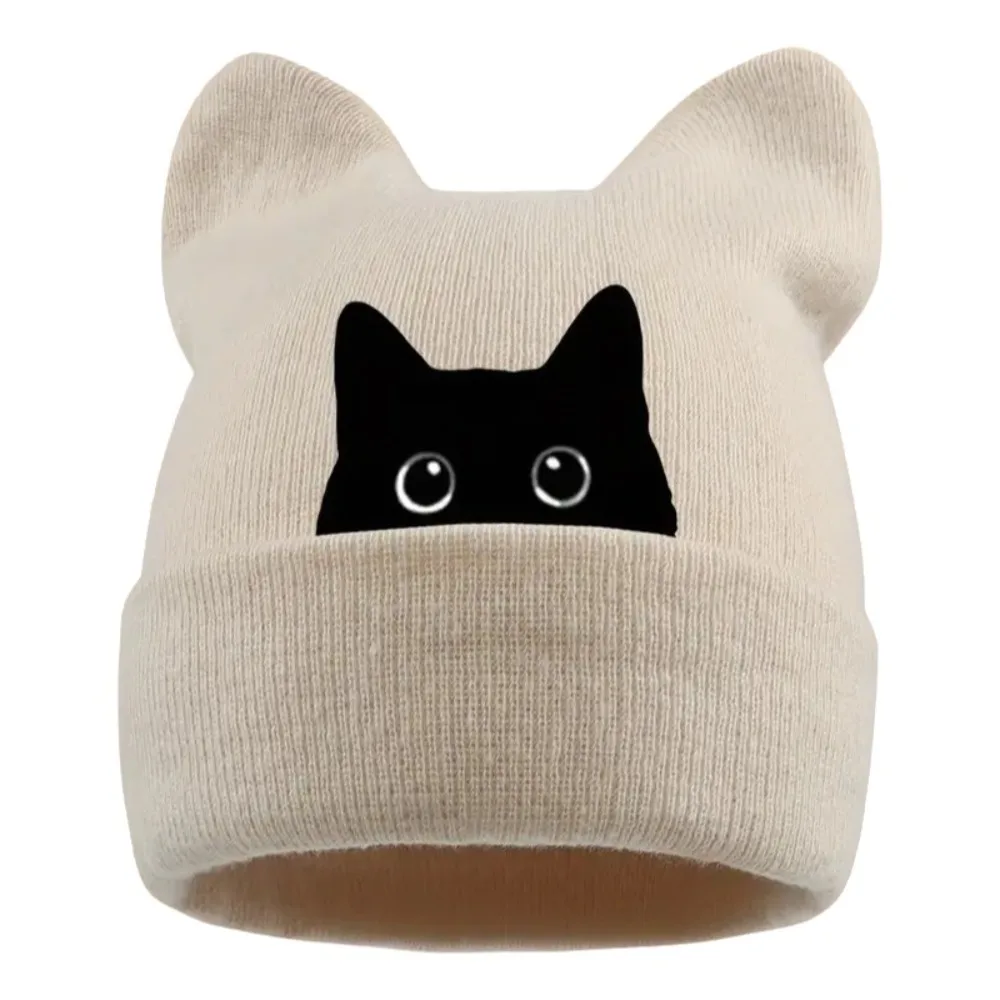 Casual Knit Cat Ear Beanie Hat Stretchable Punk Gothic Brimless Skull Cap Y2K Harajuku Winter Knit Hat Casual Streetwear