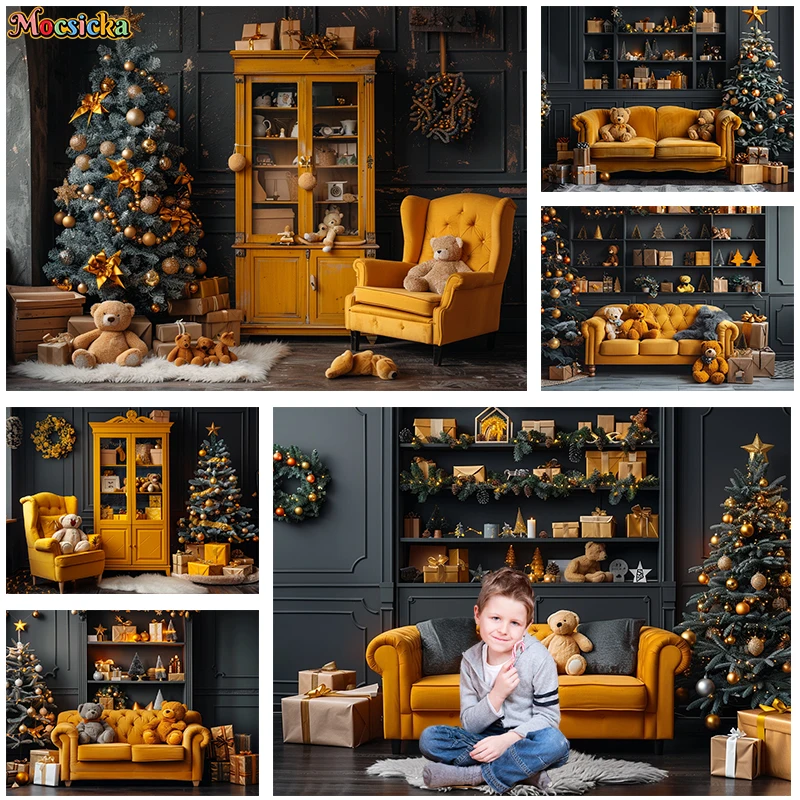 

Mocsicka Photography Backdrop Christmas Party Xmas Tree Cabinet Teddy Bear Background Baby Show Banner Studio Photo Prop