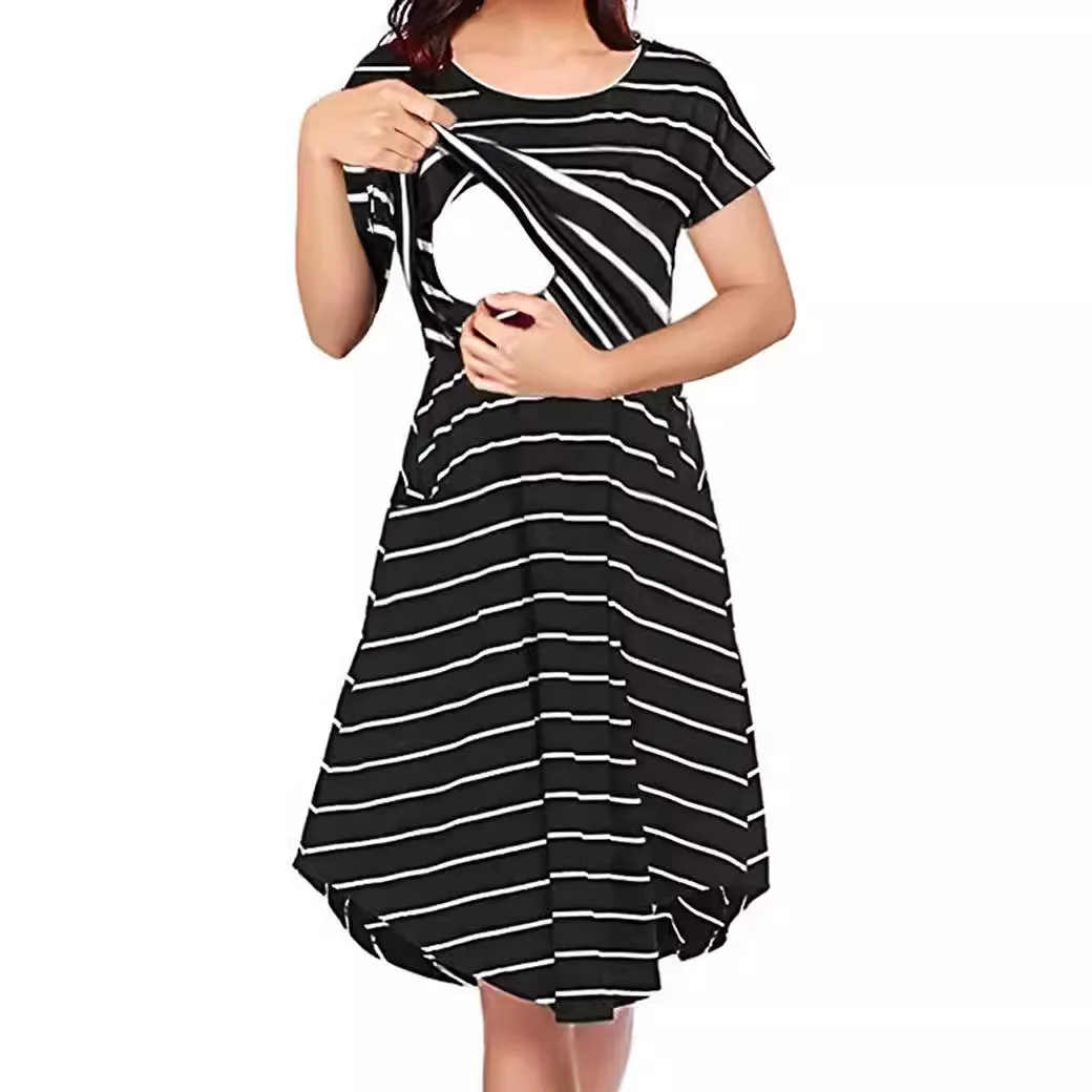 Fotografia 5: Vestidos e Saias de Maternidade para Mulheres Grávidas, Roupas Listradas Multifuncionais para Gravidez