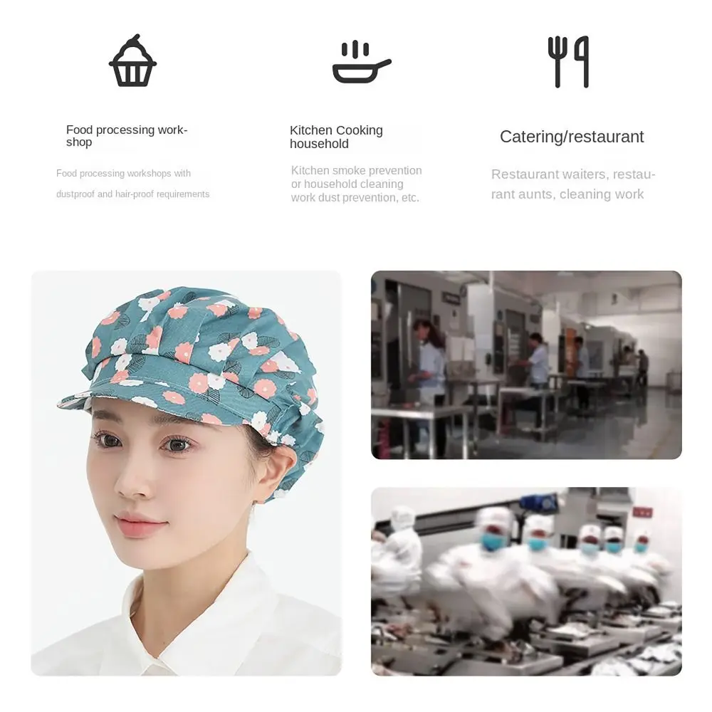 Flowers Printed Cooking Hats Elastic Bundled Hair with Brim Sanitary Cap Food Service Cotton Chef Cap Work Uniform