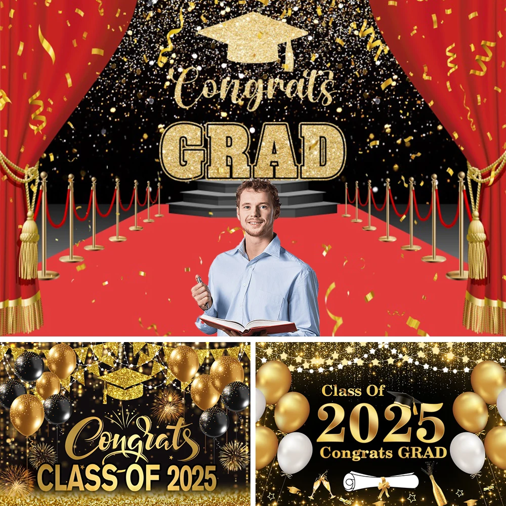 Graduation Party 2025 Gold Black Photography Background Bachelor Cap Prom Decorative Banner Photo Backdrop Photo Studio Props