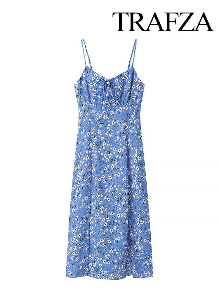 TRAFZA, moda para Mujer, vestido sencillo con cordones en el pecho, vestido Floral azul con tirantes, vestido elegante sin espalda con dobladillo y abertura, vestido ajustado sin mangas para Mujer