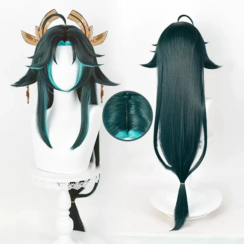 

33.46in Genshin Impact Xiao Cosplay Wig Female Version Long Straight Mix Green Heat Resistant Synthetic Hair Wig