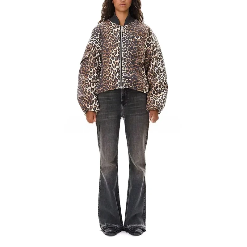 

New Autumn Women's Workwear Sle Leopard Print Casual ort Jaet Cotton Coat Stand Collar Single Button round Ne Long Sl...