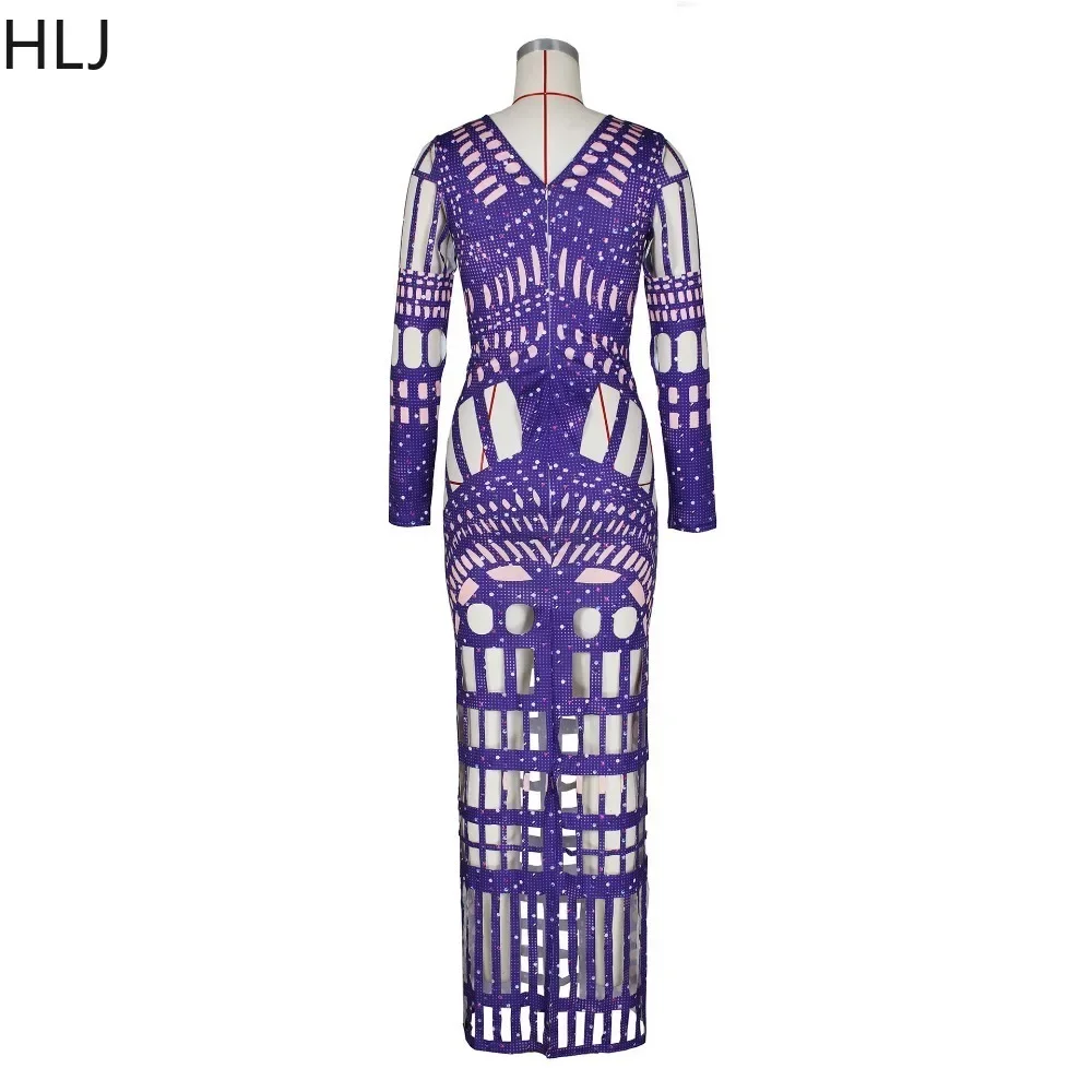 HLJ Sexy Rhinestone Hollow Out Deep V Bodycon Party Nightclub Dress Women Long Sleeve Hole Slim Vestidos Fashion Female Clothing