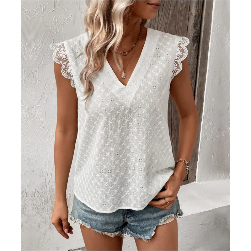 بلوزة نسائية صيفية كاجوال من الدانتيل بأكمام قصيرة وياقة مستديرة، قميص مستقيم من نسيج البوليستر بأكمام طائرة بلون واحد