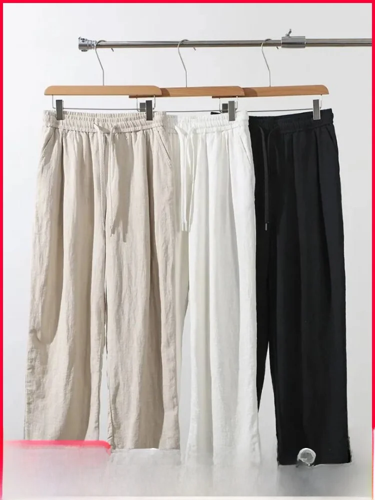 

Natural Texture Linen Cotton Blend Men's Comfortable Casual Straight Leg Pants Breathable Summer Spring Fashion Trousers