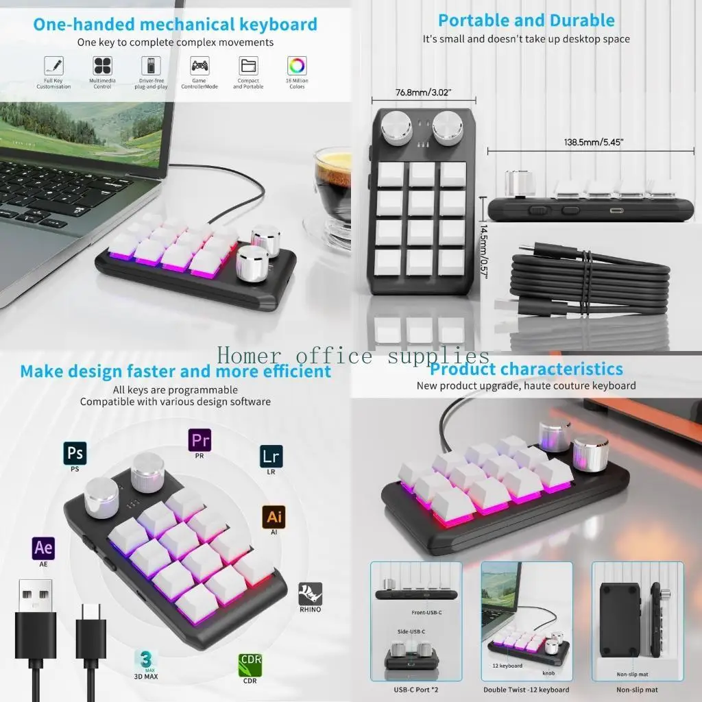 

K43B One-Handed Gaming Keyboard with RGB Backlighting and 12 Programmable Keys
