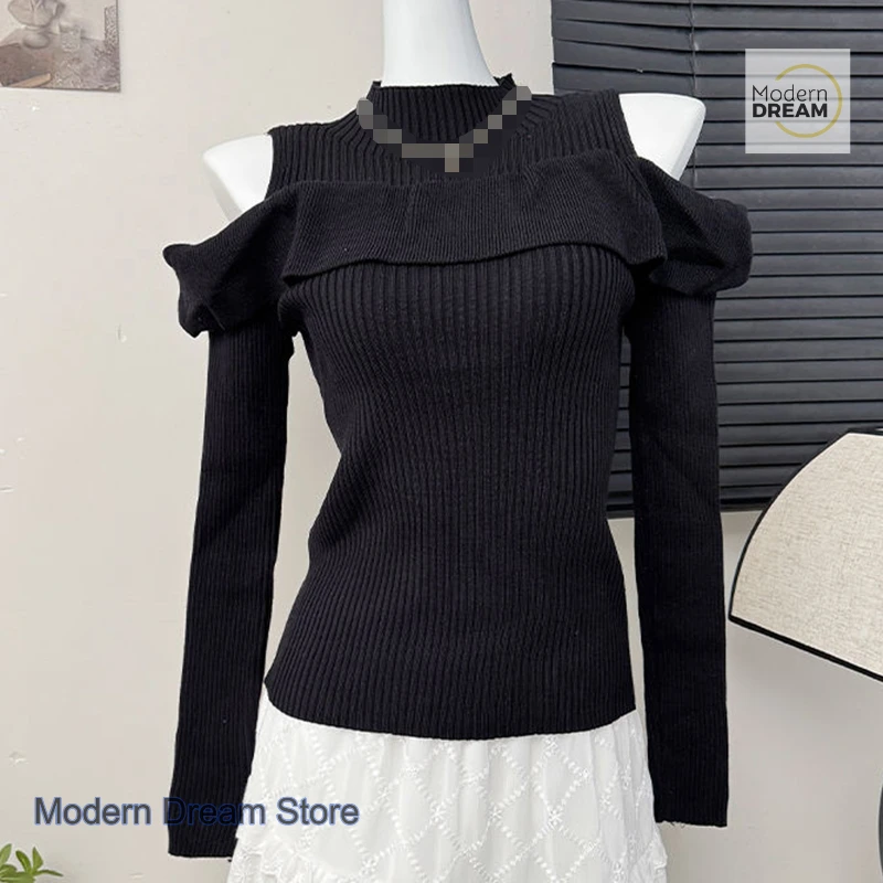 

French pure wind off-the-shoulder long-sleeved sweater women's spring and autumn western style age-reducing slim bottoming shirt