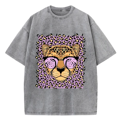 Imagen 2 del producto Camisetas Vintage de lavado ácido para mujer, camisetas con estampado de dibujos animados de leopardo, cuello redondo, algodón, manga corta de gran tamaño, ropa femenina de moda