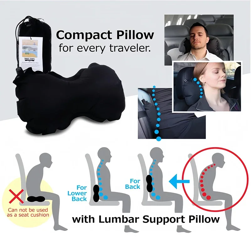 Portable Lumbar Support Pillow Office Chair Airplane Inflatable Travel Pillow for Neck & Back Support Lumbar Fatigue Relief