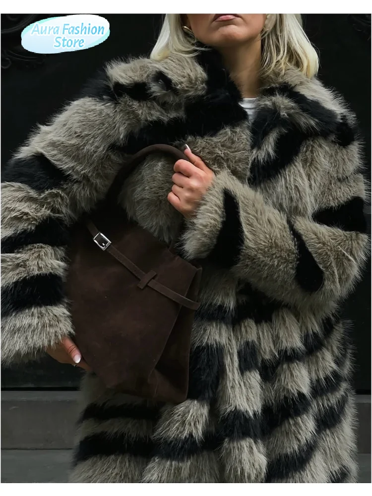 

Women's Striped Fake Fur Wool Overcoat Fashion Lapel Long Sleeve Cardigan Coat 2025 Autumn New High Street Loose Thick Outfits