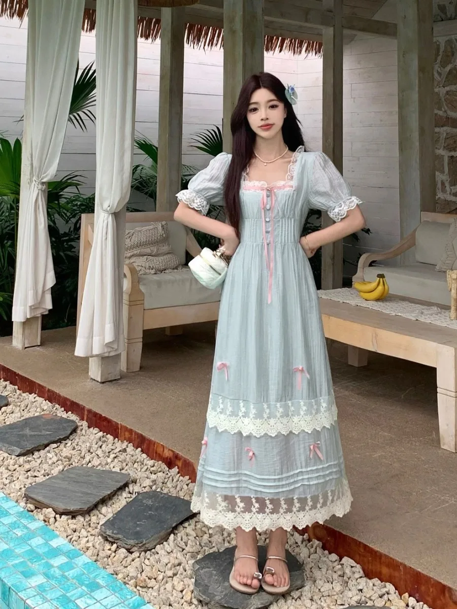 

plus Size Women's Gentle Princess Dress Summer Pleated Layered Lace Splice Square Collar Slimming Waist Cinched Long Dress