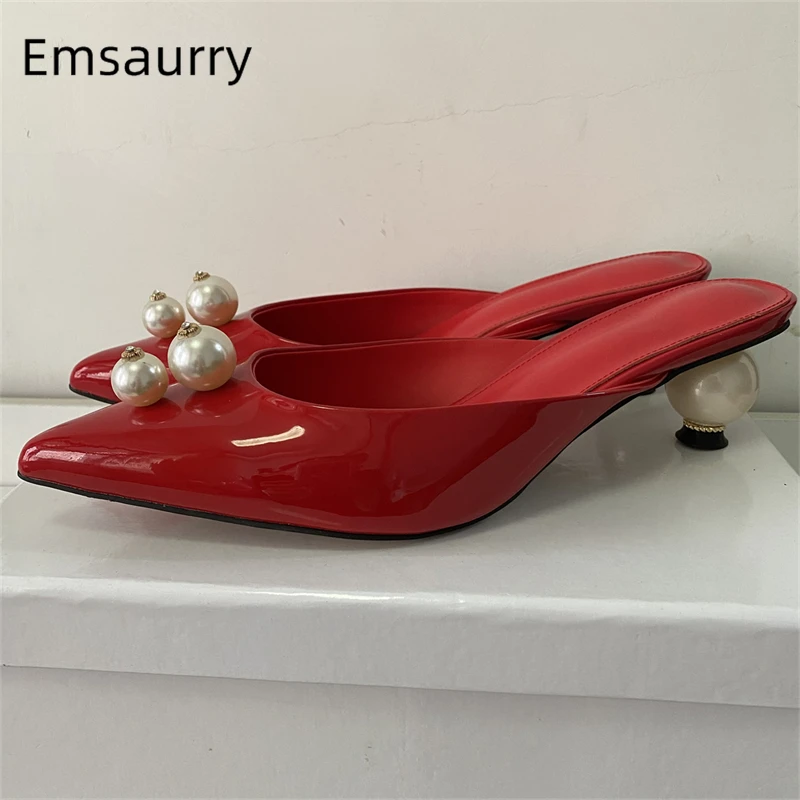 

Beads Decor Pointed Toe Sandals Women Individual Pearl Strange Heel Slingbacks Patent Leather Summer Mules