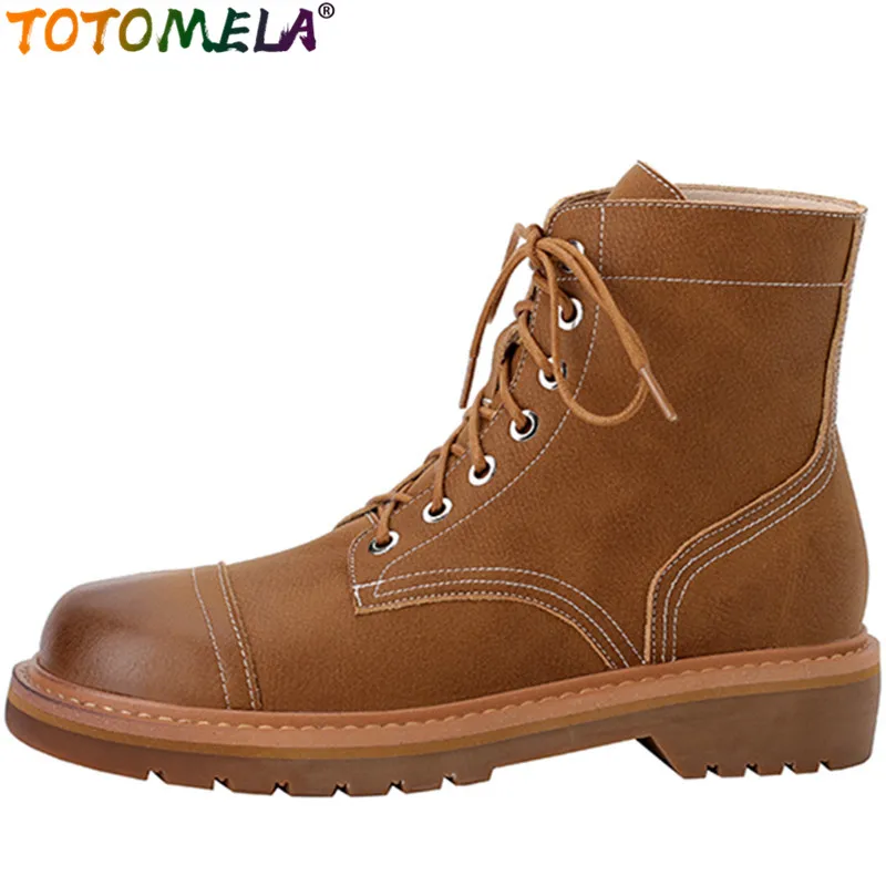 

TOTOMELA 2022 New Ladies Modern Ankle Boots Lace Up Genuine Leather Women Boots Retro Square Med Heels Platform Shoes