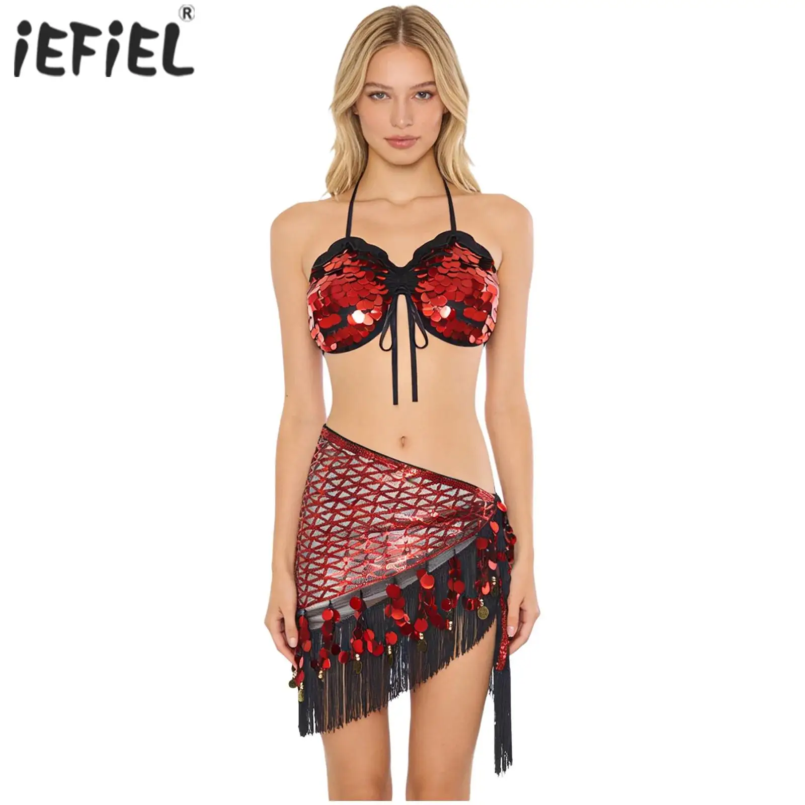 

Женская одежда для танца живота с блестками Rave Party, костюм для выступлений, укороченный топ на шнуровке, треугольный набедренный шарф с кисточками, поясная цепочка, набедренная повязка