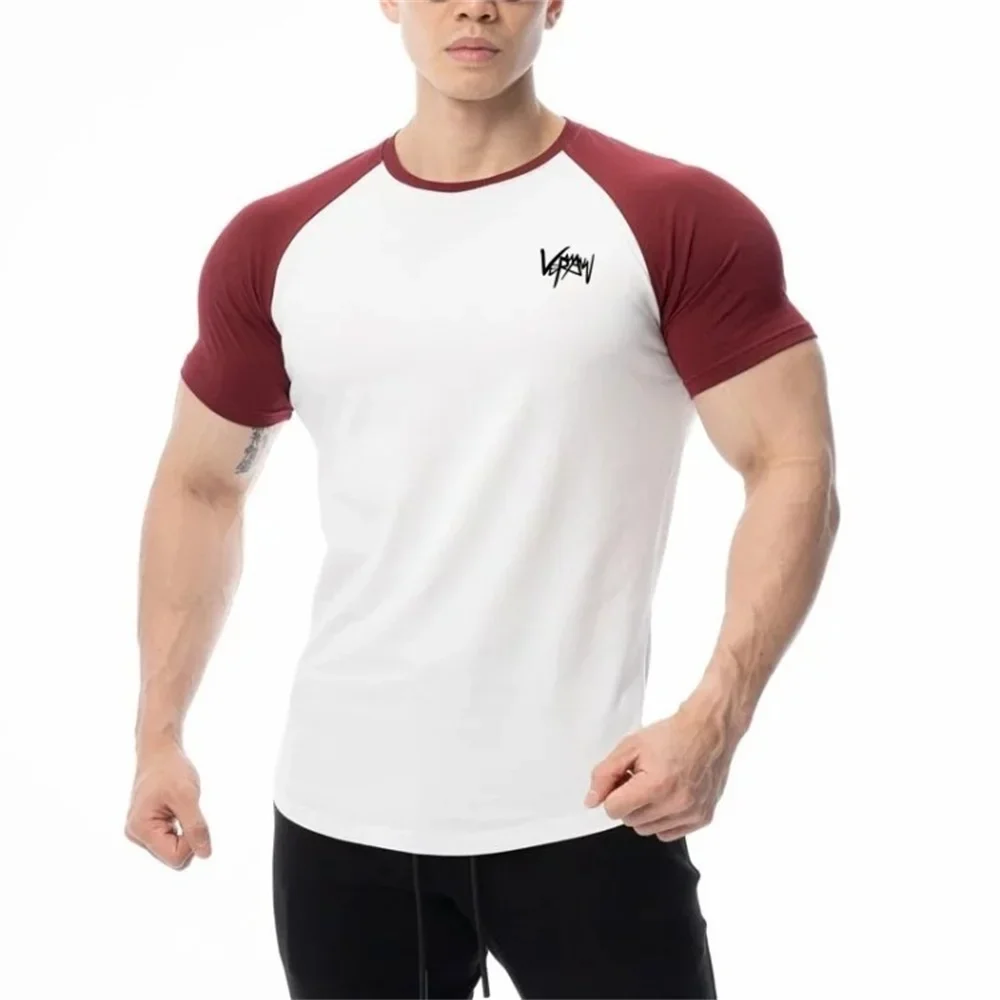 

2024 New Men's T-shirt Split Sleeves White Cotton Fitness T-shirt Short Sleeve Casual Tight T-shirt Top Patched Dress