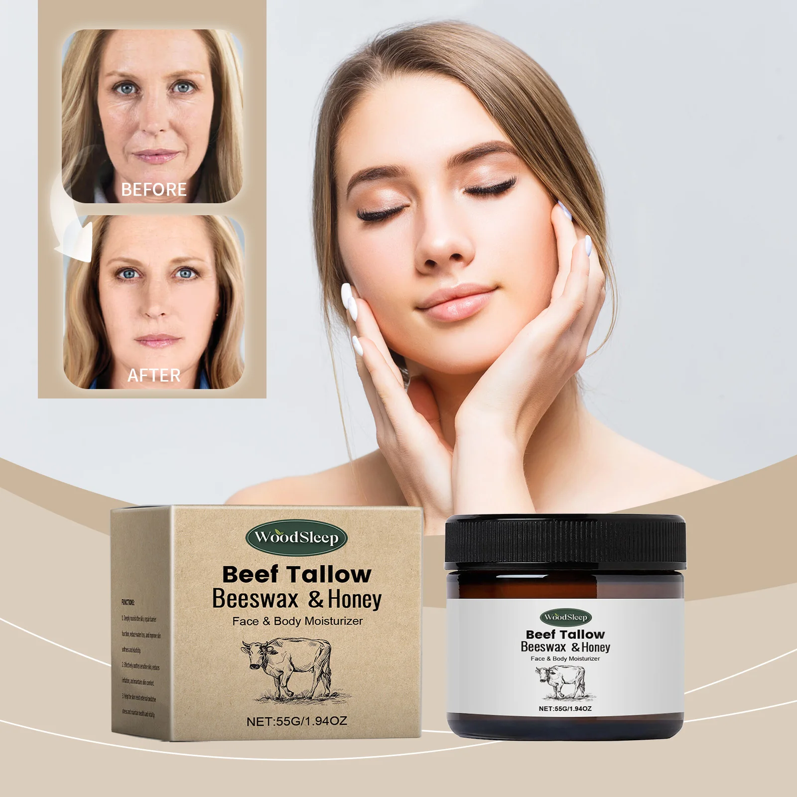 Crema idratante viso corpo al miele di manzo Tallow & Beeswax - Crema naturale per la cura della pelle per pelli secche, 55 g/1,94 once - Ultra idratante