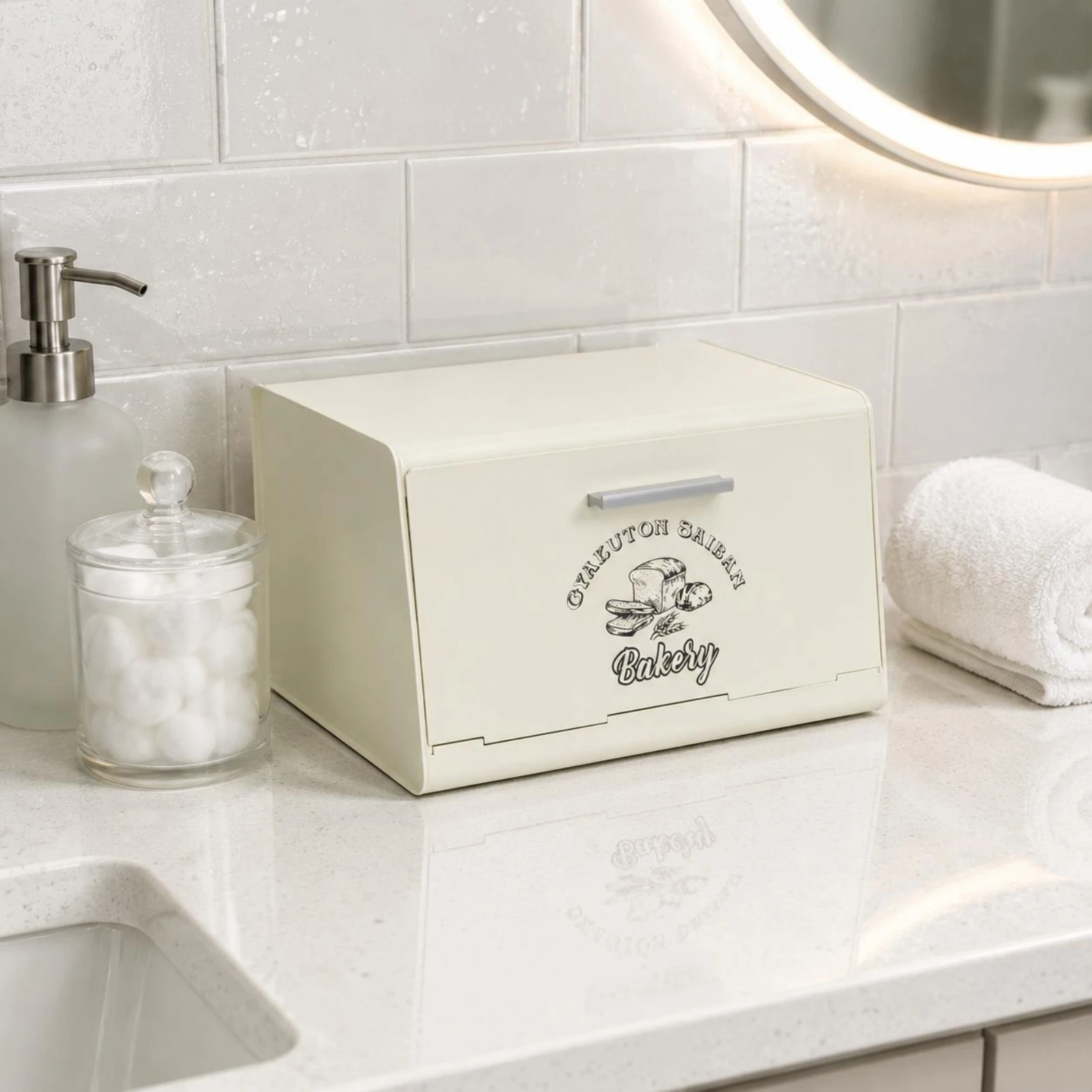

Bakery Print Storage Box Front-Opening Rectangular Metal Storage Box Home Organizer Cream-White Horizontal Handle
