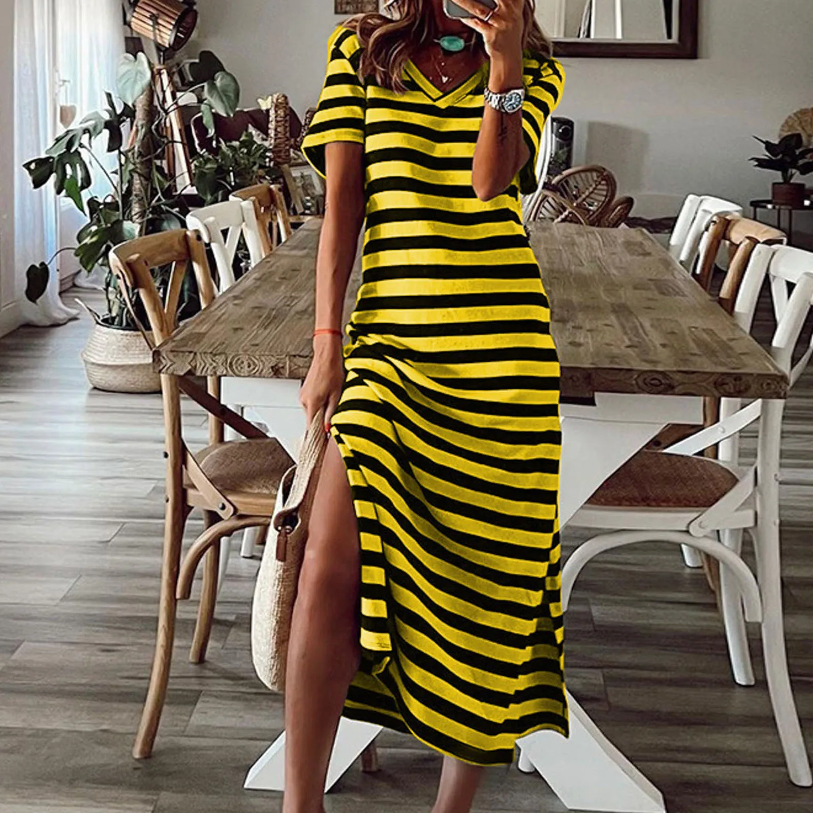 Women's Summer Stripe Maxi Dress Oversize V Neck Short Sleeve Loose Long Split Dress Casual Vacation Loose Beach Sundress