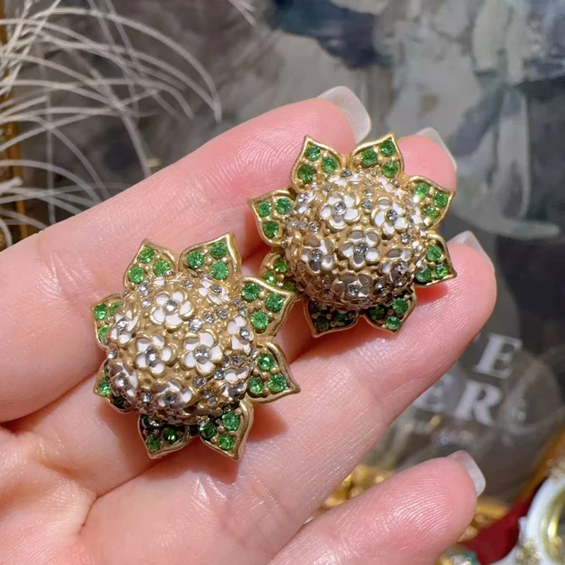 

Vintage Rhinestones Green Flower Earrings For Woman Lilac Floral Accessories Luxury Designer Antique Jewelry New Arrival 2025