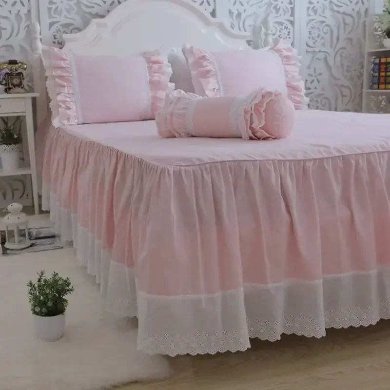 Amazing luxury bedding set pink queen lace ruffle lace duvet cover bedspread bedskirt princess bed linen pillow case HM-010P