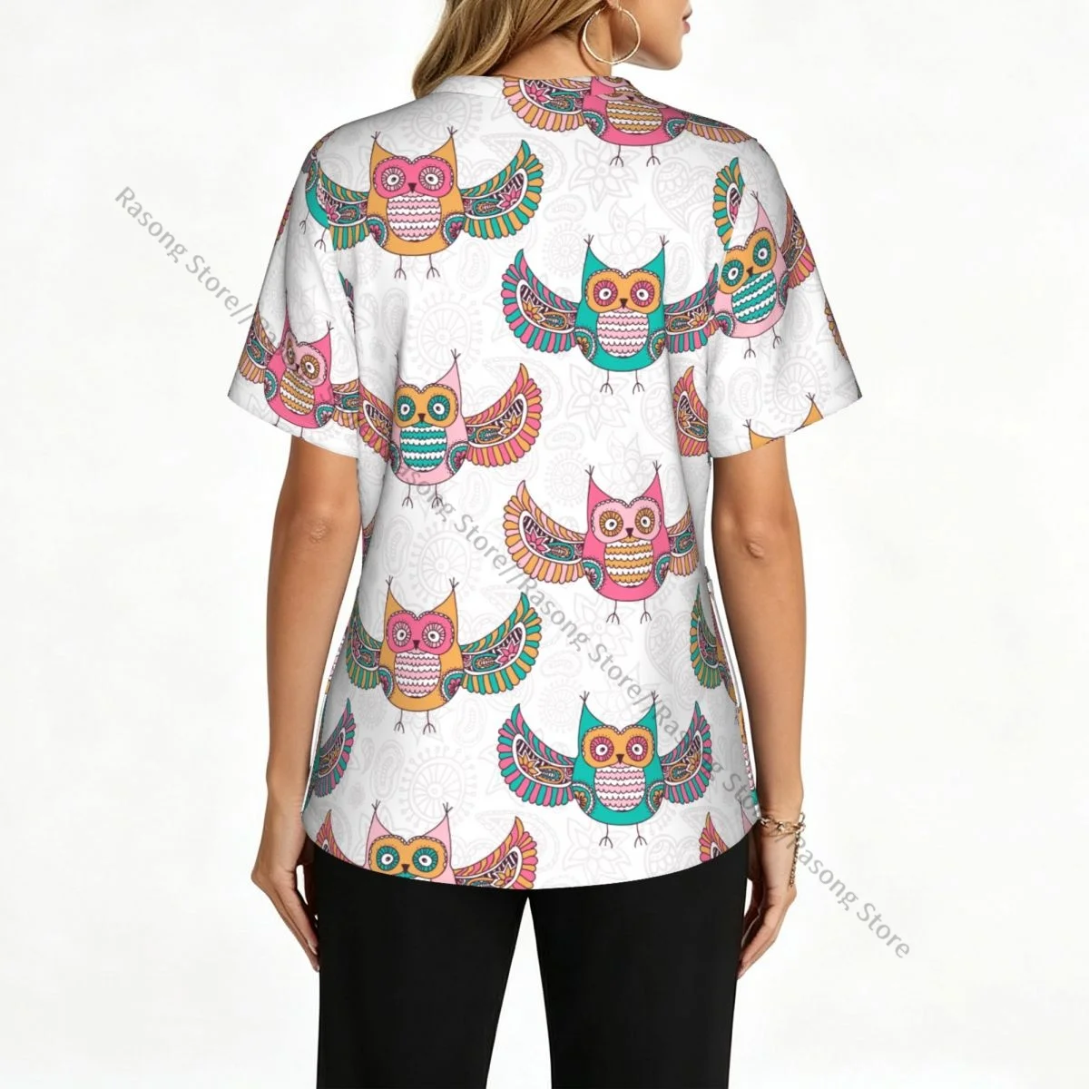 Women's Medical Scrub Top V Neck Short Sleeve Coloured Owls Stretch Nursing Uniform for Hospital Clinic