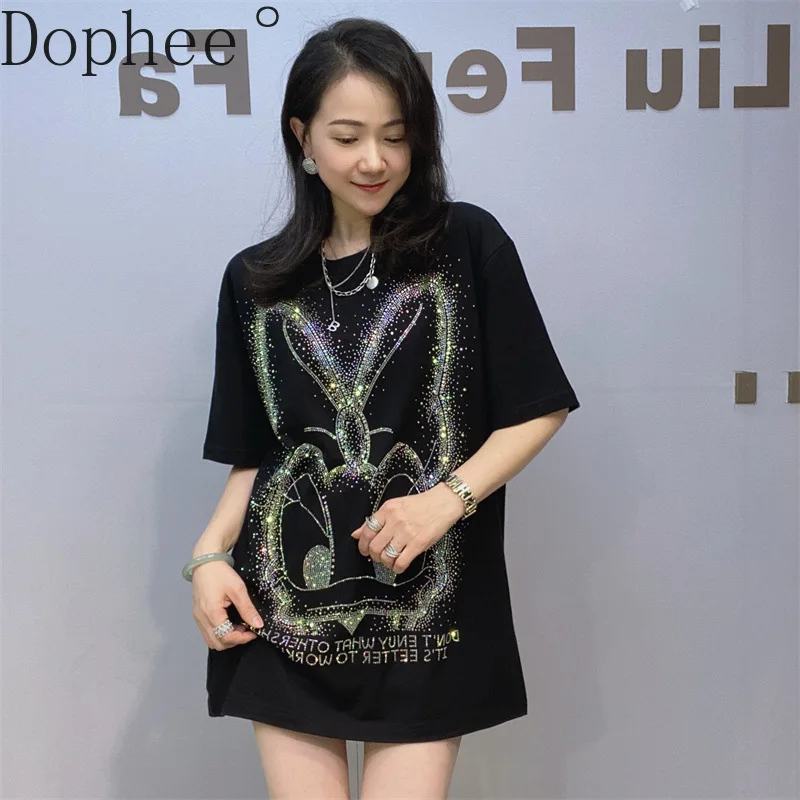 

Streetwear All-match Loose Short Sleeve T-shirt Cartoon Hot Drilling Oversize Pullover Top Women Short Sleeve Casual Tees Dress