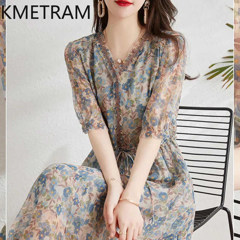 KMETRAM Mulberry Silk French Tea Break Dresses New in 2024 High-end  Floral Dress for Women Summer Waist Small A-line Skirt