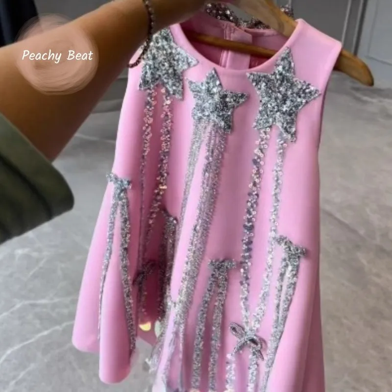 

Baby Girl Princess Sequins Star Dress Sleeveless Toddler Child Bow Tassel Vestido Party Pageant Birthday Xmas Baby Clothes 1-12Y