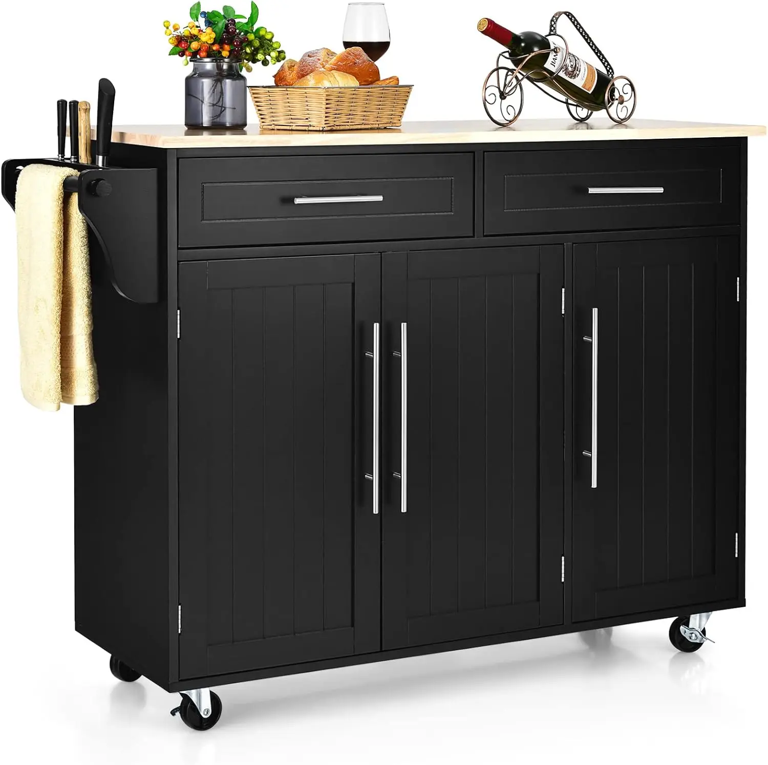 Kitchen Island Cart, Rolling Trolley with Lockable Casters, 2 Large Drawers, 3 Door Storage Cabinet, Towel Handle, Knife Block,