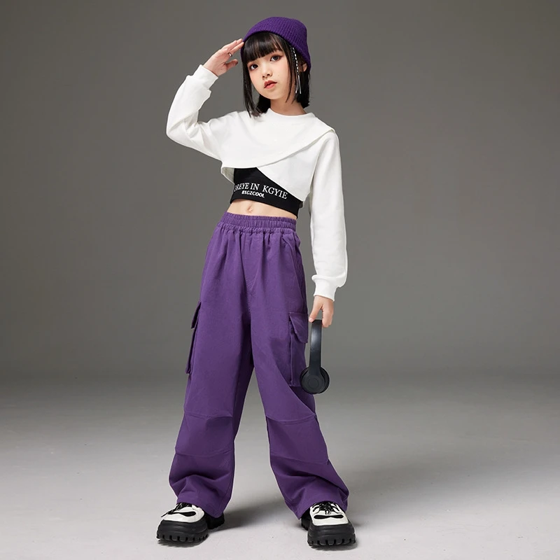 Hip Hop Girls Clothing Sets Purple Long Sleeve T Shirt Crop Tops Black Cargo Pants for Kids Performance Modern Dancing Costumes