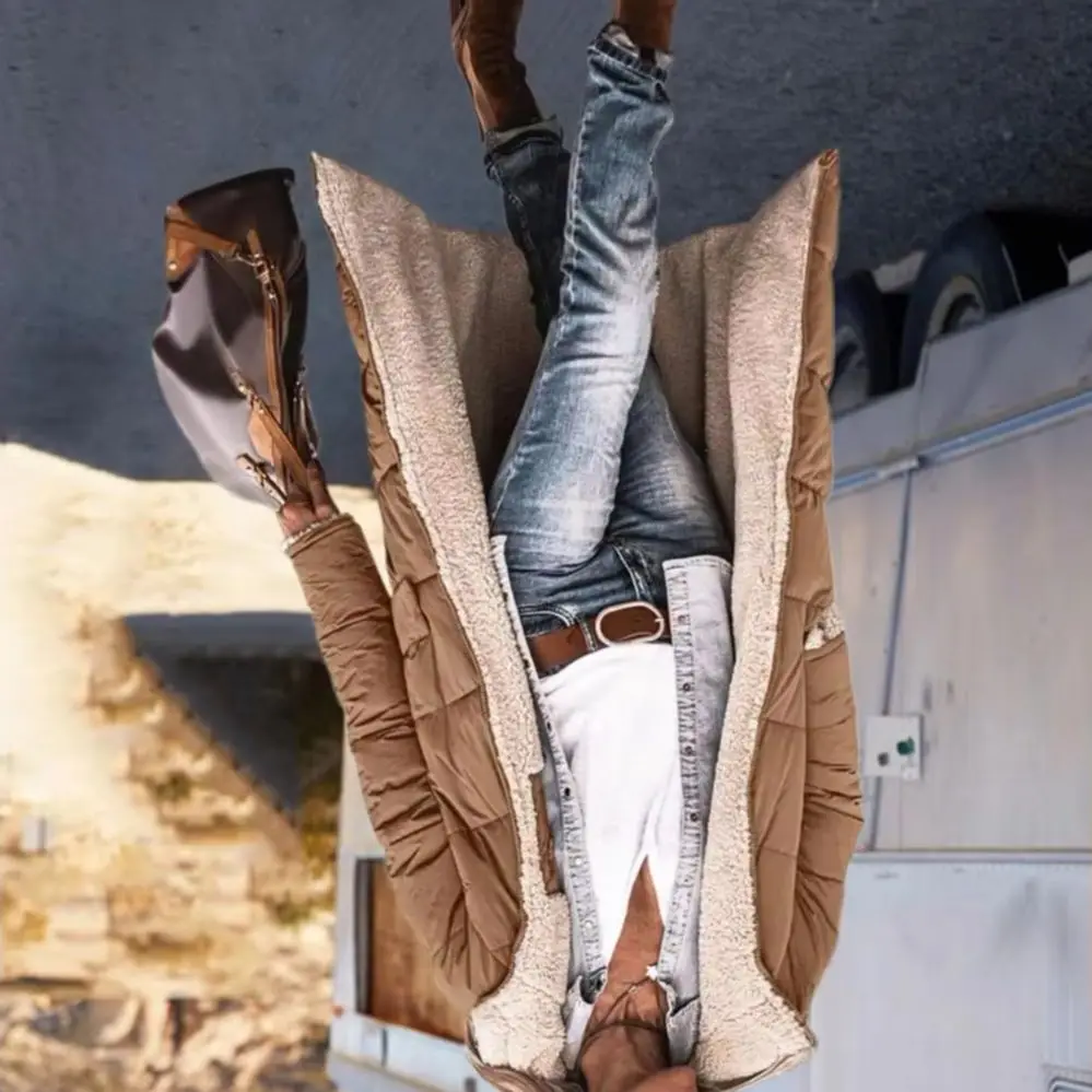 

Women Winter Coat with Hood Padded Plush Lined Double-sided Wearable Outerwear Warm Large Pocket Zipper Closure Mid Length Overc