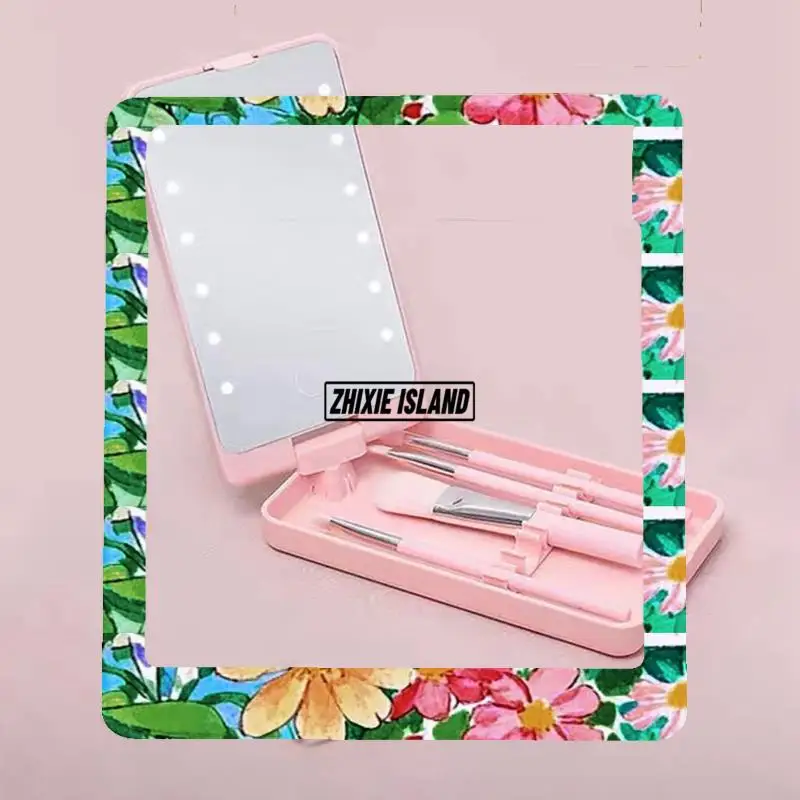 Mirror Portable Folding Mirror With 5 Brushes Storage Box LED Touch Portable One-Face Storage Box Makeup Mirror White