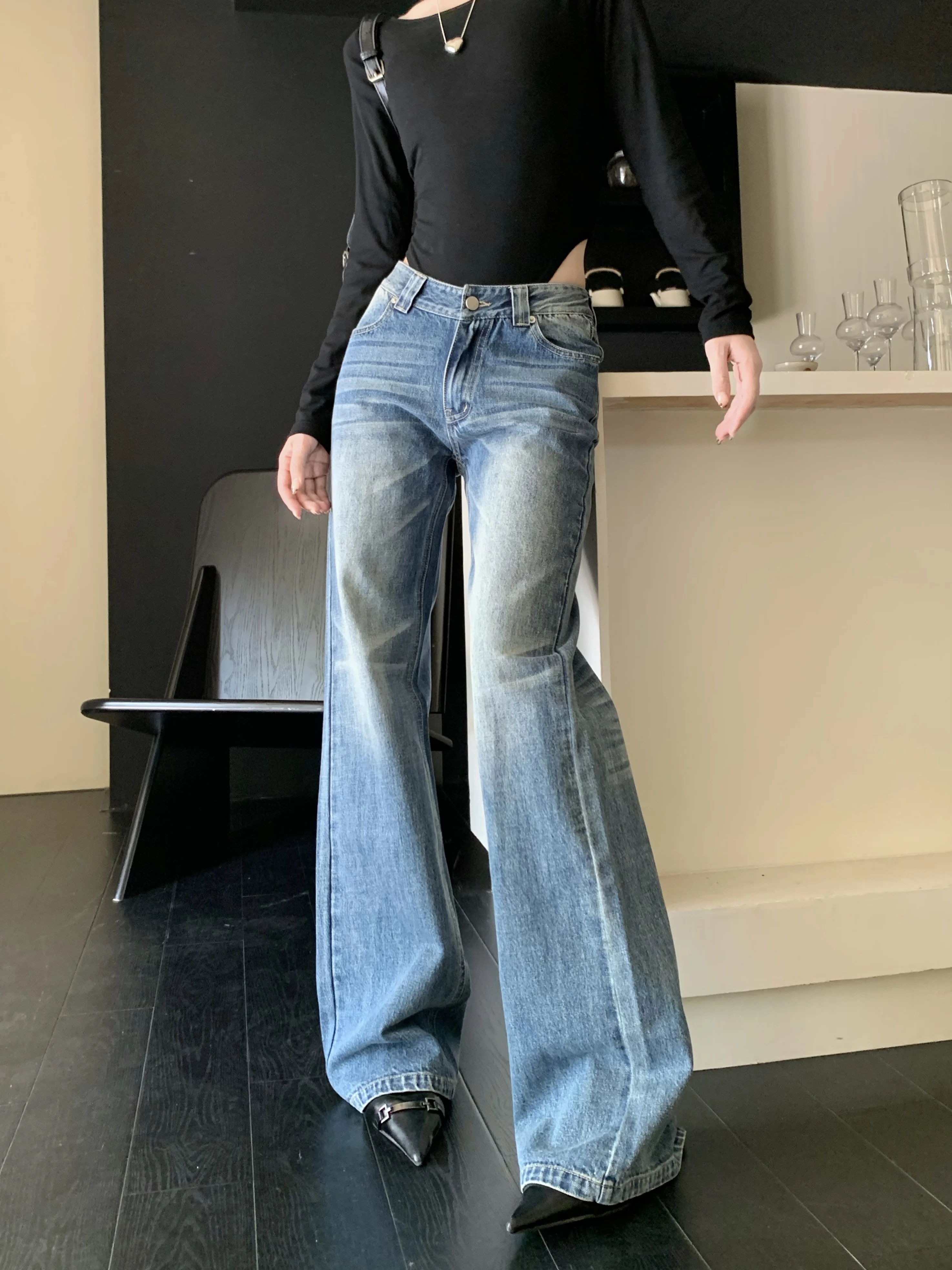 Retro Blue Denim High Waist Wide Leg Pants Women's Fashion Fall Season Micro Flared Straight Long Trousers Versatile Jeans