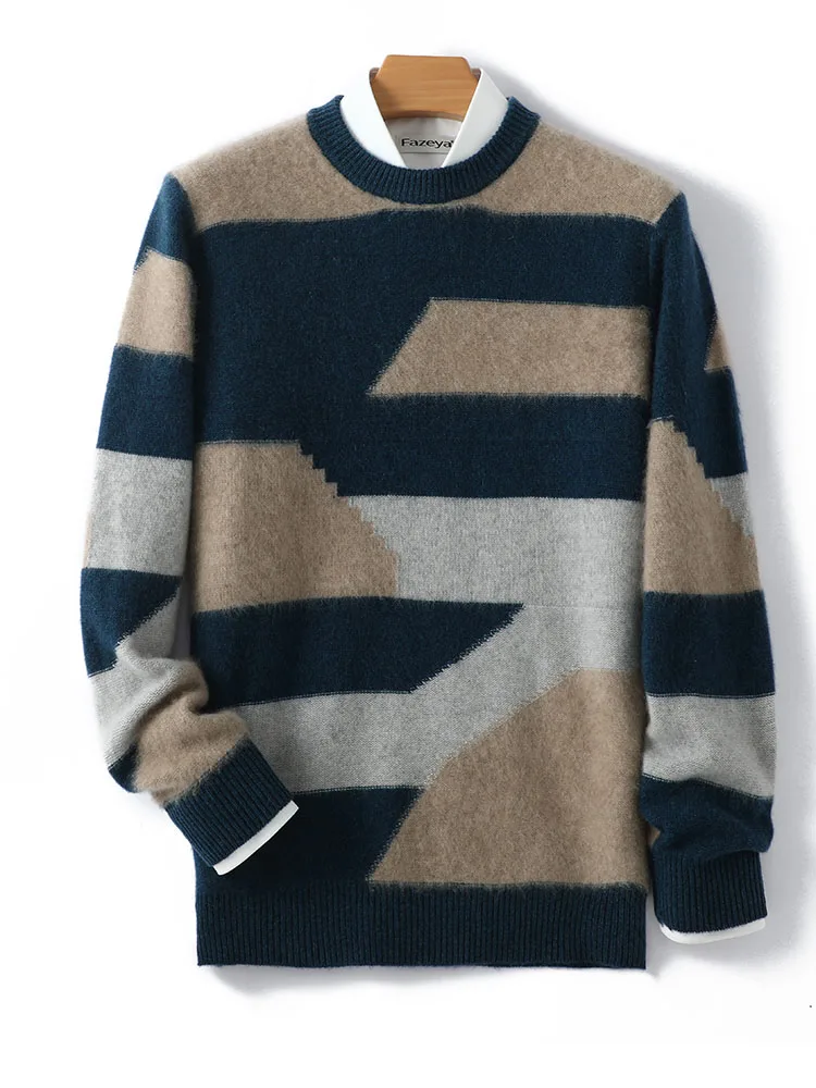 

Thiened Pure Wool Knitted Sweater round Ne Casual Busin Loose Fit Color Blo Design Faionable Ci Sle for Youth