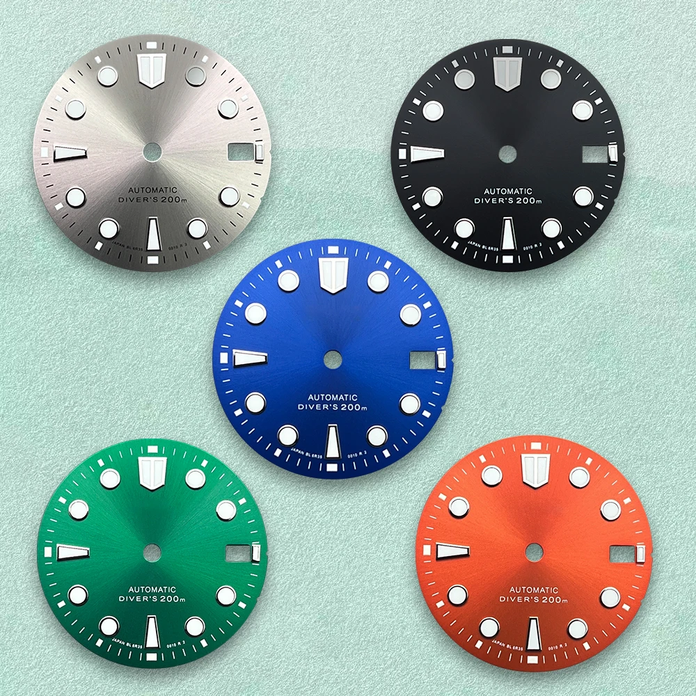 

High Quality 28.5mm S Logo Diver's Dial Fit NH35/NH36/4R Movement C3 Green Luminous Sunburst High Quality Dial Watch Modificatio