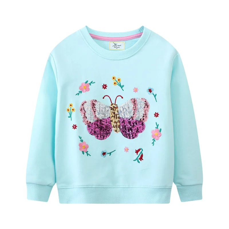 Jumping Meters 2-7T Children's Girls Sweatshirts Butterfly Beading Long Sleeve Baby Hooded Sport Shirts Autumn Spring Clothes