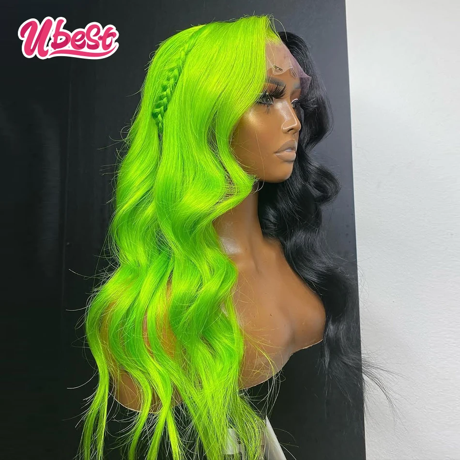 1B And Green Colored Cosplay Body Wave 13x6 13X4 Lace Front Wigs Brazilian 100％ Human Hair Transparent Pre Plucked For Women