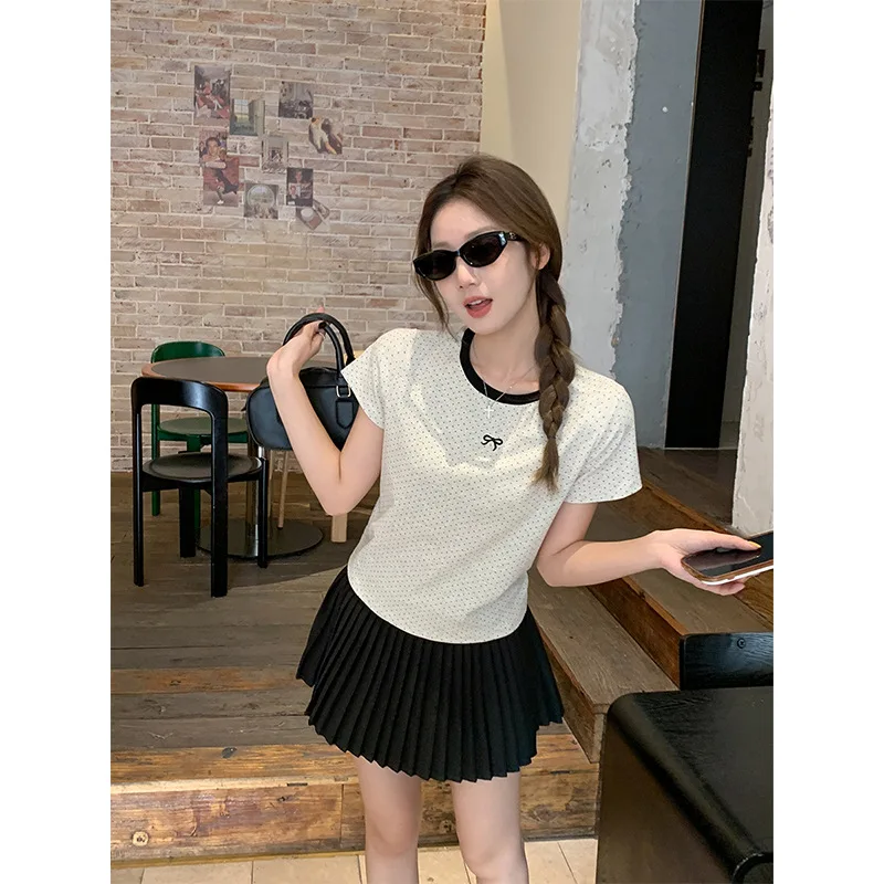 Color Blocked Polka Dot Embroidered Top For Women In Summer 2025, Slimming Short Sleeved T-Shirt