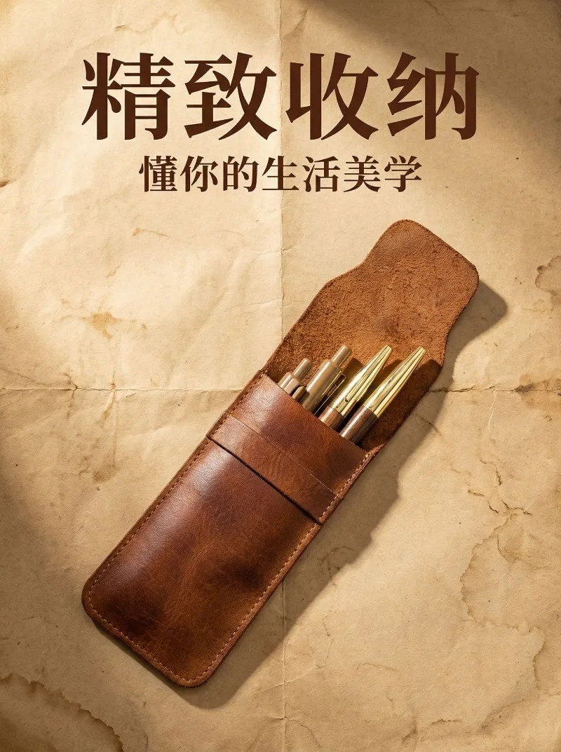 Cowhide Pen Case Holder Handmade Fountain Multi Pens Pouch Vegetable tanned leather Simple Pen Protective Sleeve Cover