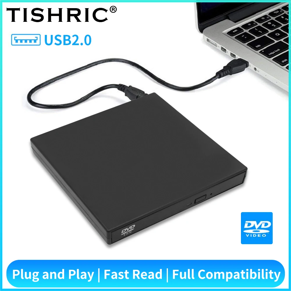 

Внешний оптический DVD-проигрыватель TISHRIC, внешний DVD-проигрыватель с USB 2,0, DVD комбинированная вилка и воспроизведение для ПК, ноутбука, настольного компьютера