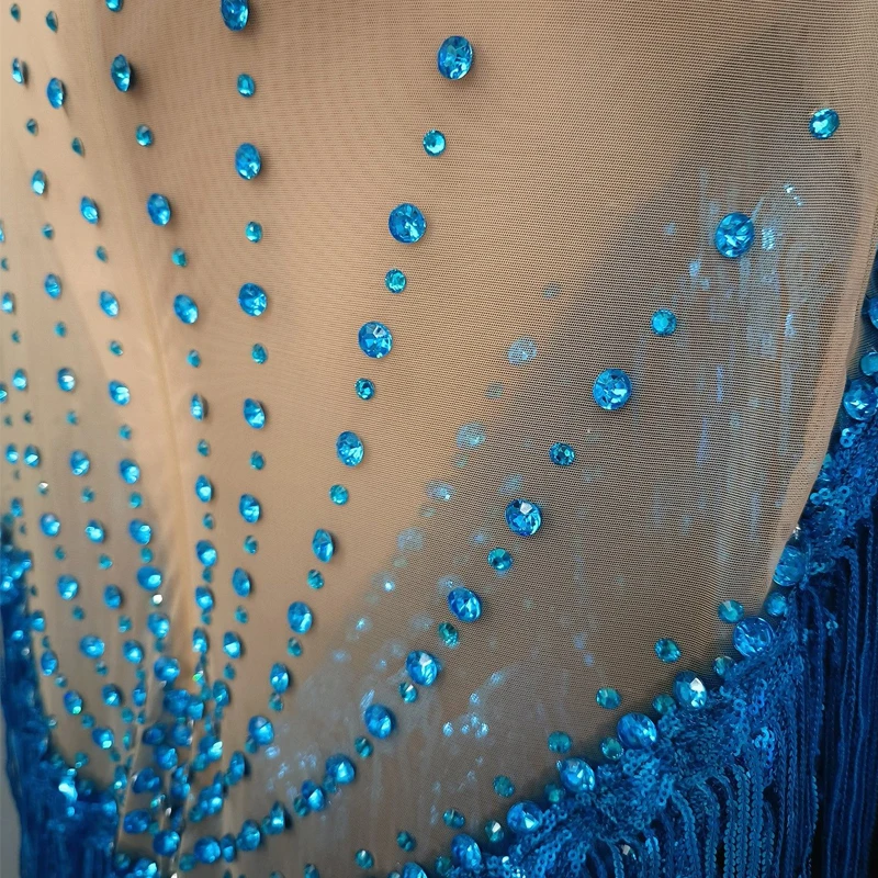 Azul completo franjas strass vestido feminino lantejoulas vestido de festa bar dj ds celebrar roupa palco trajes jazz club wear xs10788